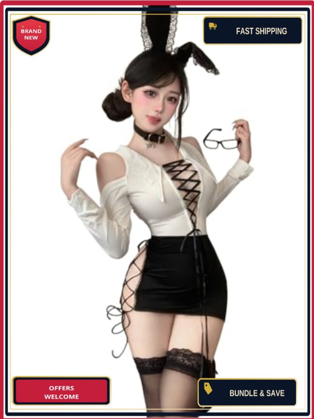 Sexy Office Lady Costume Secretary Outfit Long Sleeve Mini Skirt Cut-out